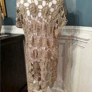 Women vintage crochet sleeveless long cardigan beige- One size All